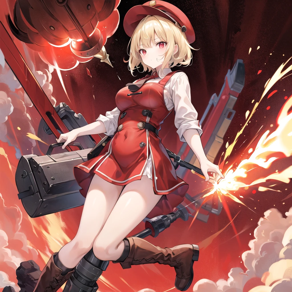 1 , short blonde hair, wearing red german dress with hat, red eyes, dark brown boots, throwing a big red sack full of bombs, use explosion as background, high res, ultrasharp, 8k, masterpiece