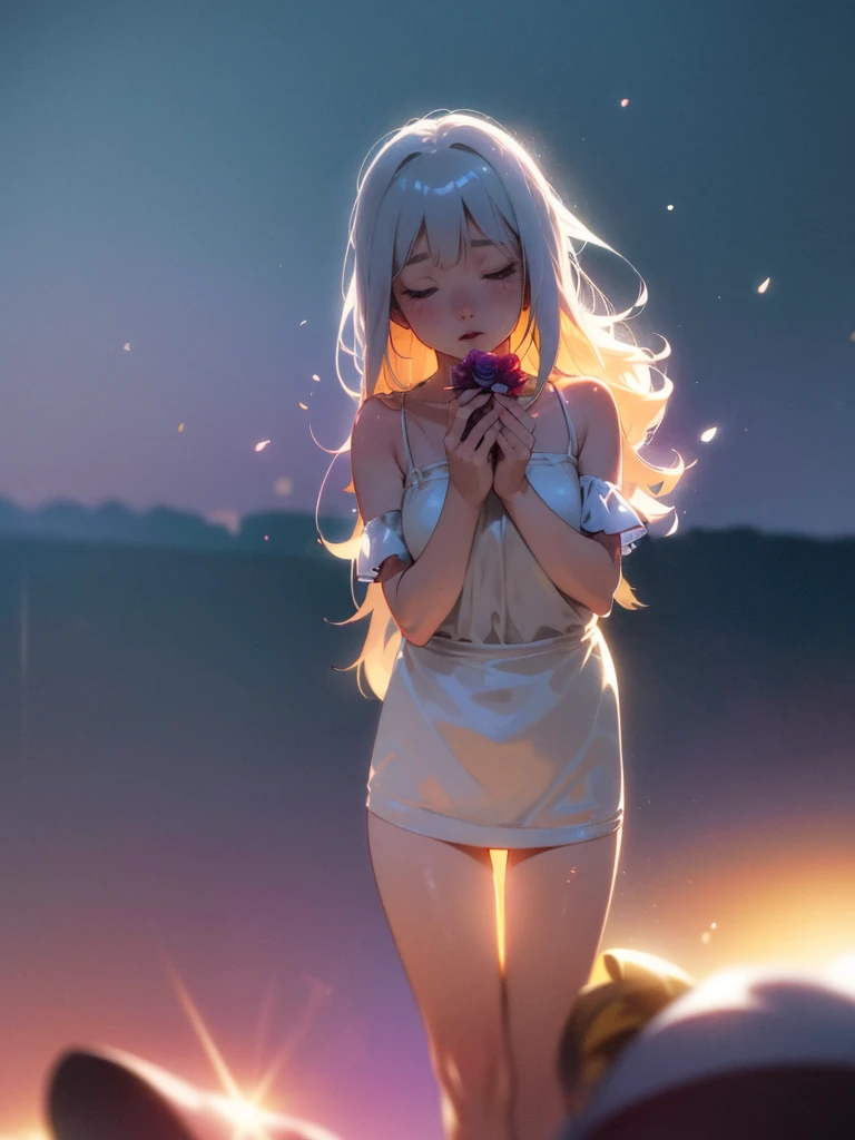 (Sumilux f1.4 50mm , low Latitude old color negative film , cross process , bokeh, flare, chromatic aberration , soft focus, (Shallow focus) , soft glow , Maximum aperture, High Key , Transparent depiction) , A girl with a rose blooming between her legs