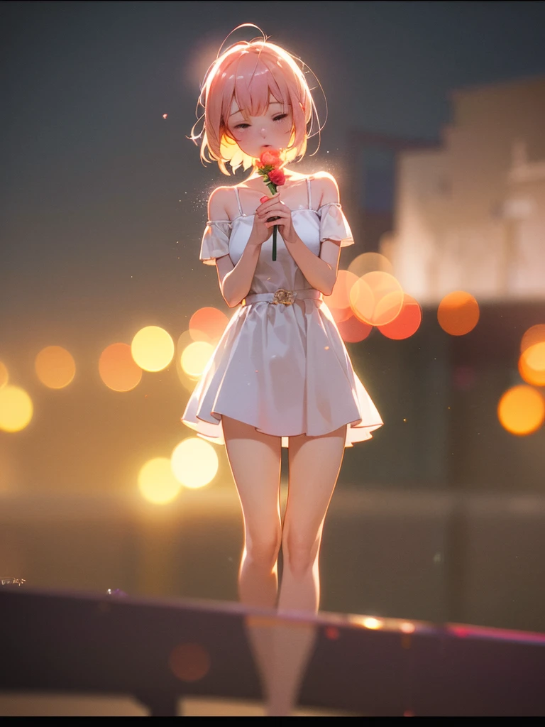 (Sumilux f1.4 50mm , low Latitude old color negative film , cross process , bokeh, flare, chromatic aberration , soft focus, (Shallow focus) , soft glow , Maximum aperture, High Key , Transparent depiction)  , A girl with a rose blooming between her legs
