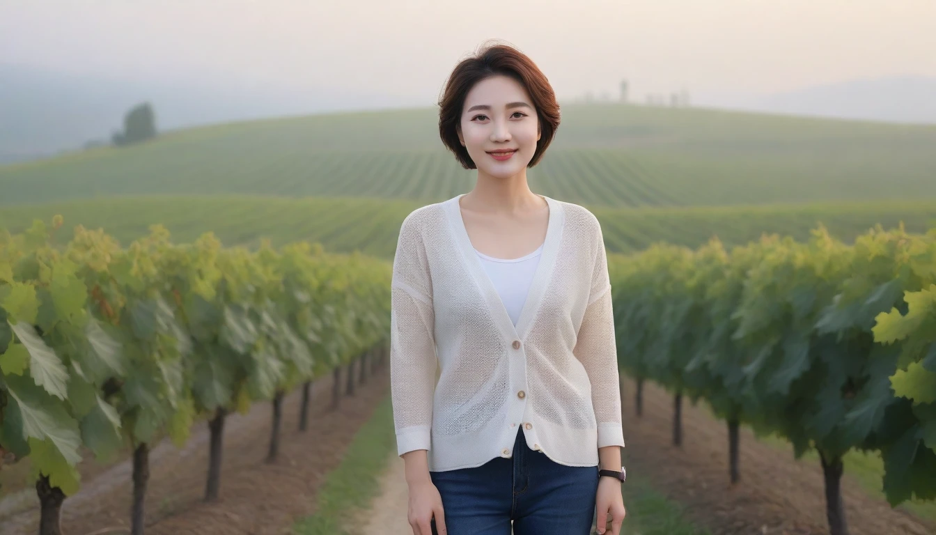 8k realistic, lifelike photo,, 36 year old Korean woman, Short in stature, pretty like a model. front view, white shirt and short cardigan, casual pants, short medium hair, smiling, Italy. spring, vineyard, thick dawn fog. vineyard 지나 짙은 안개 속으로 저 멀리 성당이 보인다. Full body shot from afar with a wide angle lens , 1 woman, Short in stature, superb picture quality, The morning fog thickens, The picture quality is alive.. Full body shot with Canon 16-35 wide angle lens, Put on your horn-rimmed sunglasses and look up to the side