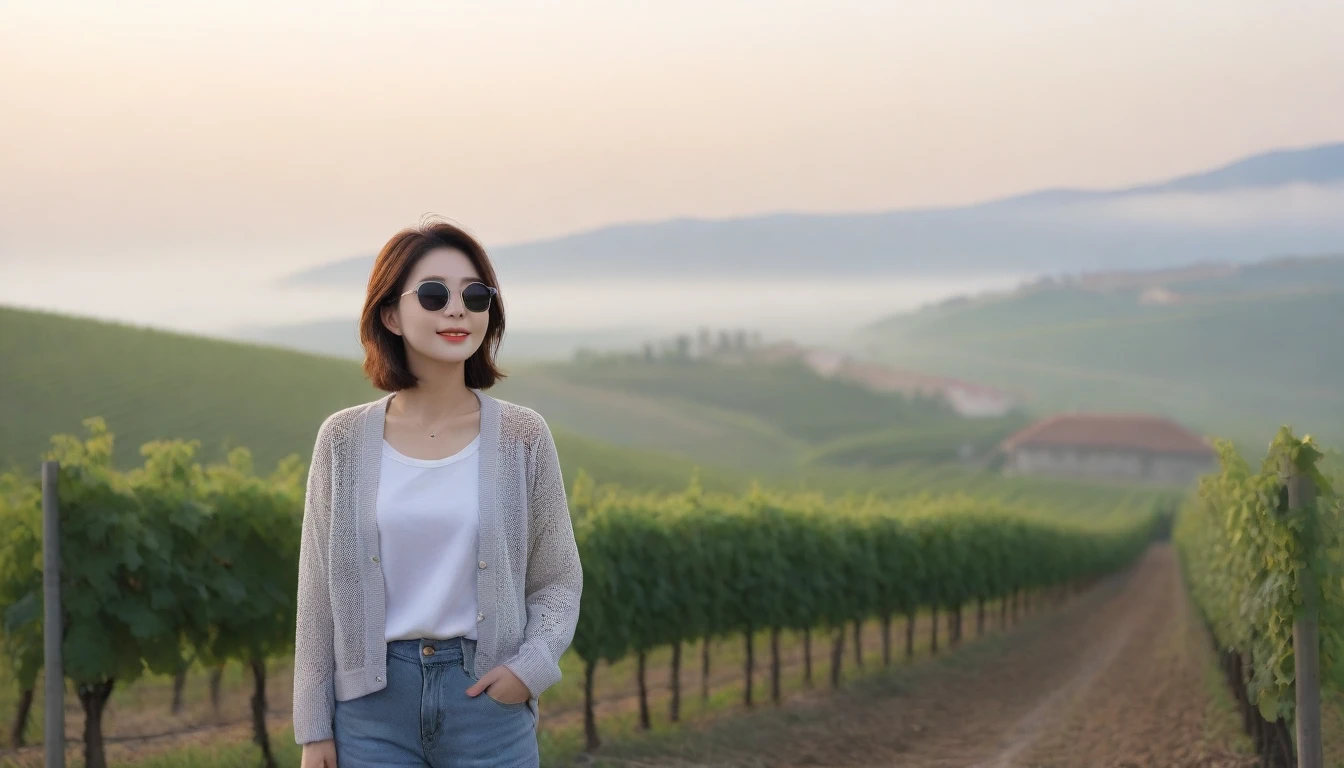 8k realistic, lifelike photo,, 36 year old Korean woman, Short in stature, pretty like a model. front view, white shirt and short cardigan, casual pants, short medium hair, smiling, Italy. spring, vineyard, thick dawn fog. vineyard 지나 짙은 안개 속으로 저 멀리 성당이 보인다. Full body shot from afar with a wide angle lens , 1 woman, Short in stature, superb picture quality, The morning fog thickens, The picture quality is alive.. Full body shot with Canon 16-35 wide angle lens, Put on your horn-rimmed sunglasses and look up to the side
