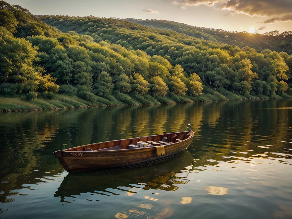 a tranquil summer landscape, golden sunset over a serene lake, rolling hills, vibrant wildflowers, lush green foliage, a lone wooden boat drifting on the calm water, atmospheric lighting, photorealistic, masterpiece, highly detailed, 8k, cinematic, warm color tones