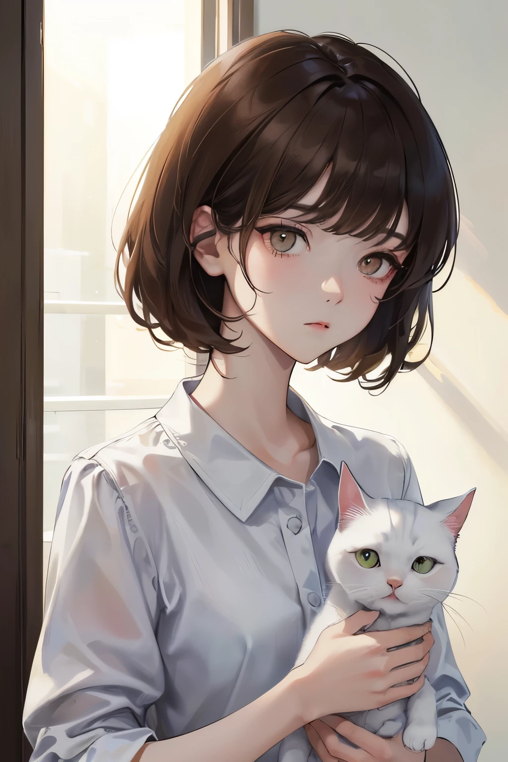 ())、(((Holding a white cat)))、(((Expressionless)))、((1 person)),Masterpiece,best quality, ((Backlight))),Sandals ,((White shirt))、(()),determined expression, Upper body diagram、 (Highest Resolution、Clear_image)、Best Quality、Light and shadow contrast、((Backlight))、Very detailed、Semi-realistic、Short Hair Styles、Brown Hair、bangs、19 years old、　Young lady,,young、((View from top))、Delicate Facial Features