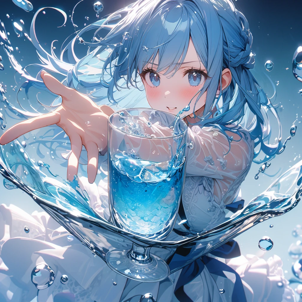 Very detailed, 8k, Glass, Water in a Glass, Glassクリスタル, bubble, Right blue water, Nice, bright、Blue Hair Girl、splash