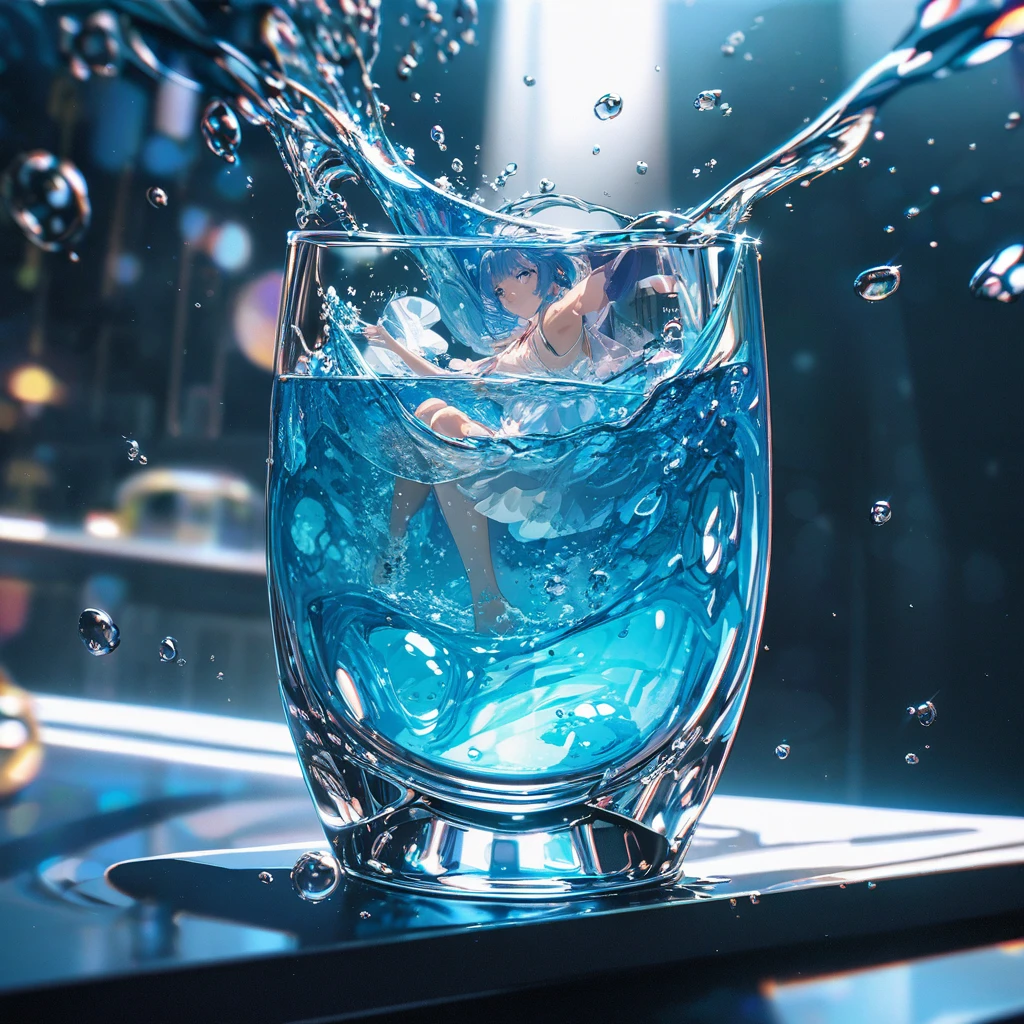 Very detailed, 8k, Glass, Water in a Glass, Glassクリスタル, bubble, Right blue water, Nice, bright、Blue Hair Girl、splash