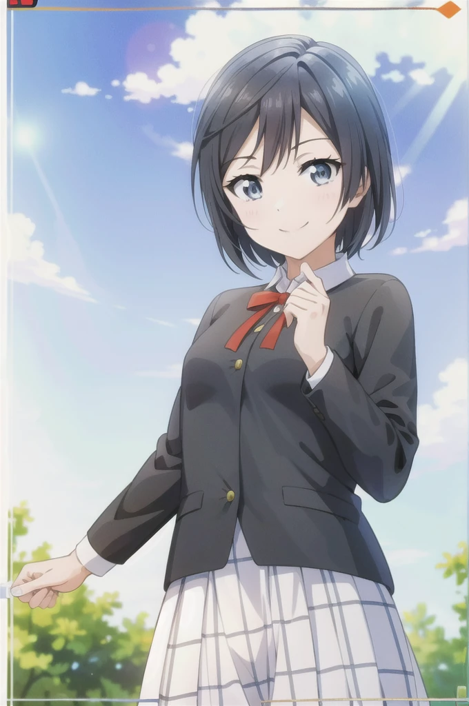 (Highest quality, masterpiece:1.2), One Girl, alone, anime, anime screencap, Ray Tracing, Global Illumination, ultra hi resolution picture, Bright colors, Cinematic Light, Lens flare, Light on the face, Glowing Eyes, Written boundary depth, Happy, Detailed Background, cute, straight, smile, View your audience, Outdoor, null, cloud,
Yuki Setuna, Cowboy Shot,short hair,Smell yourself