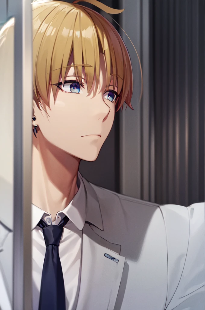 Masterpiece, best quality, 1boy, upper body, necktie, (black ear piercing), closed mouth, simple backround, blonde hair, expressionless, short hair