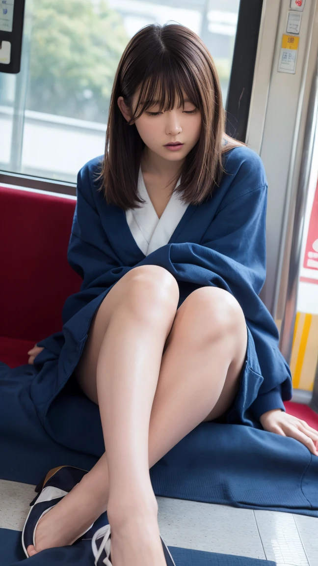 (blue cloth), (Beautiful blue long skirt), (White-Panty:1.275), ,,(Professional portrait, Professional Writing) ,masterpiece,最high quality,Realistic,8k,Official Art, Ultra-high resolution, ,,,Medium Hair,(Blonde gradient hair:1.02), 8k,high quality, Super detailed, 最high quality, Very detailed, beautiful , (Professional portrait, Professional Writing) ,masterpiece,最high quality,Realistic,8k,Official Art, Ultra-high resolution,, , Vivid and cute panty, , Straight bangs, Medium Hair、Shrine maiden, , , 、(Panties shown from the front:1.2)、Brown Hair、Cheerleader、ribbon、, The background is inside a train , (Half-close your eyes:1.23), Sit with very good posture, (Low-Angle:1.26), (Focus between legs:1.24), (legs properly aligned:1.11)