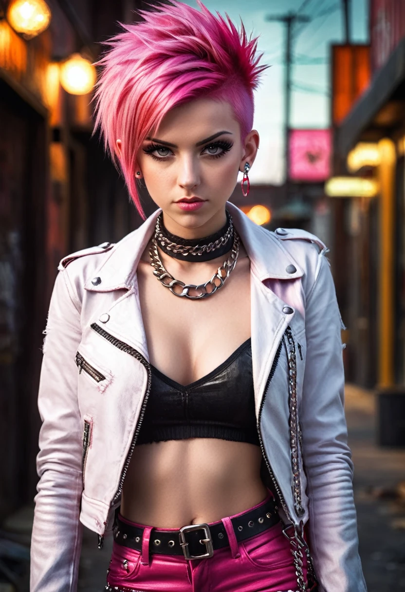 Grunge style 23 year old emo girl,short blonde hair,pink hair,mohawk hairdo,choker,chains,red leather pants,white denim jacket,, HDR image,true to life image,soft eyes,natural skin,high detailed face,high detailed cloth,film photography,cinematic lighting,sharp focus,(very detailed),((4K HQ)),depth of field,8K,HDR,High contrast,shadows,bokeh,(detailed skin texture),(detailed clothing),(detailed background),(highly detailed skin),realistic texture,realistic shadows . Textured, distressed, vintage, edgy, punk rock vibe, dirty, noisy