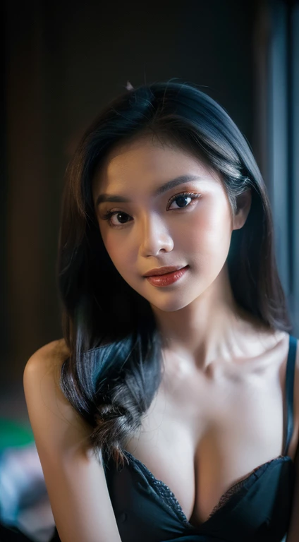 highest quality, epic realistic, ((in the pitch black darkness :1.4)), ((portrait)),(background: dark ) high contrast ,glorious picture, lowest lux, lighting face, she's comfortable, ((puffed big breasts:1.2)), looks incredible, (8k, Raw photo, Highest quality),(epic realistic:1.5), a young lady face,(detailed eyes:0.8),(looking at the camera:1.4), (Highest quality), (cowboy shots),Intricate details,cinematic, (long dark hair:1.3), long hair, messy ,(Hdr:1.5),Detailed, colors, Superior quality, Masterpiece, Raw Photo (20-year-old, looking at viewer), beautiful, (wearing plain bra), perfect, natural, perfect composition, portrait, perfect face, smiling expression, Captivating eyes, Bright details, Tight lips, (High Skin Detail),, (blue tint: 0.6), (sale: 0.8), (bloody: 0.7), Key lighting , (backlight: 0.5), Medium depth of field, Canon 5d, 50mm lens, f/4 apertures, (Ultra-detailed, Complex detail), sharp focus, soft colors, 8k, Absurd, 80mm, bokeh background, photography, soft smiling, pinay, filipina, large , neon lights background, nsfw