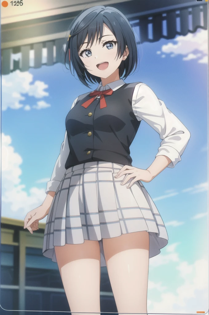 (Highest quality, masterpiece:1.2), One Girl, alone, anime, anime screencap,  Ray Tracing, Global Illumination, ultra hi resolution picture, Bright colors,  Cinematic Light,  Lens flare,  Light on the face, Glowing Eyes,  Written boundary depth, Happy, Detailed Background, cute,  straight, smile, View your audience, Outdoor, null, cloud, 
 Yuki Setuna, Cowboy Shot，short hair，Smell