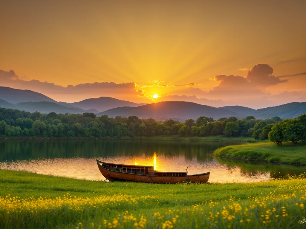 a tranquil summer landscape, golden sunset over a serene lake, rolling hills, vibrant wildflowers, lush green foliage, a lone wooden boat drifting on the calm water, atmospheric lighting, photorealistic, masterpiece, highly detailed, 8k, cinematic, warm color tones