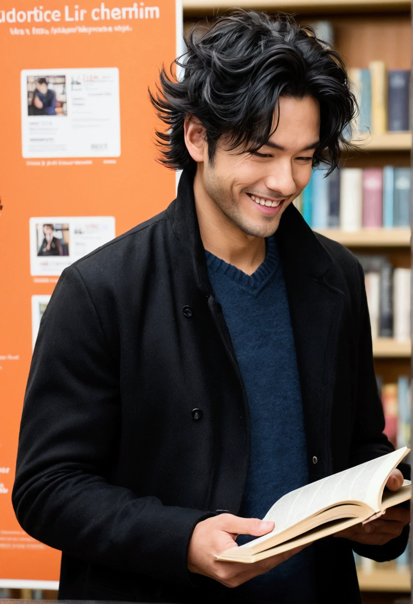 Man looking at poster,Smiled curiously, Has jet-black messy hair, Keep your head down while reading, wearing fall clothing, in library, Live-action style, studio photo, Intricate details,