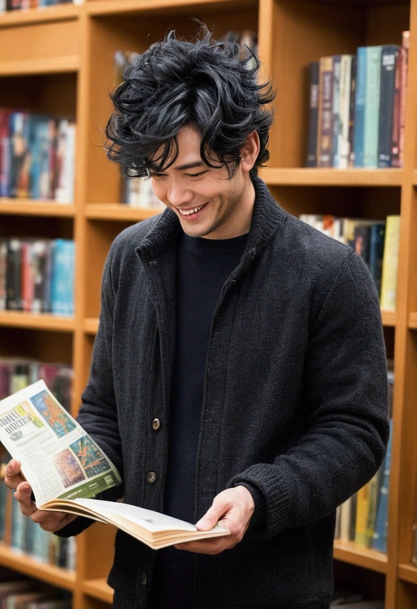 Man looking at poster,Smiled curiously, Has jet-black messy hair, Keep your head down while reading, wearing fall clothing, in library, Live-action style, studio photo, Intricate details,