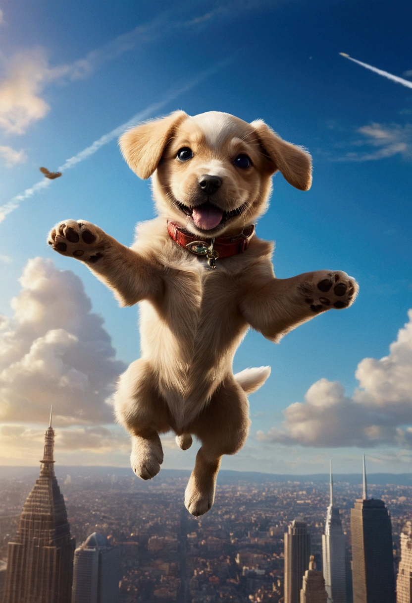 Flying Puppy, full body, by Cyril Rolando, cinematic still, (best quality, masterpiece), very aesthetic, perfect composition, intricate details, ultra-detailed, vivid colors