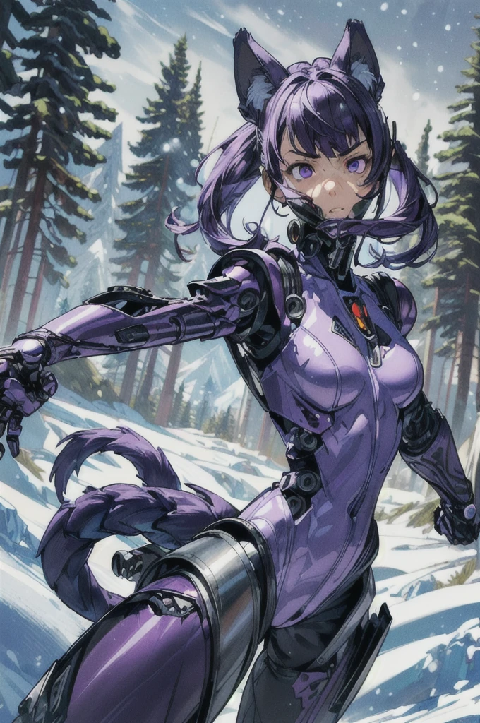 (Masterpiece), (best quality), (expressive eyes), (perfect face), (8k), (extreme detail), (illustration), (absurdres), (highres), (ultra detailed), (perfect face), 1girl, (cyborg), purple eyes, purple hair, medium hair, ((long sidelocks)), ((((mechanical ears)))), wolf ears, ((((mechanical tail)))), wolf motif, (((purple bodysuit))), (((exoskeleton))), ((infiltrators will be punished)), (((upper body angle))), ((((surprised)))), (((pine trees in background))), ((((snowy mountain)))), ((((upper body angle)))), ((dutch angle)), ((((action scene)))), (((action pose))), ((fighting stance)), ((((fighting stance)))), ((((fight)))), (((incoming attack))), ((blood on face))