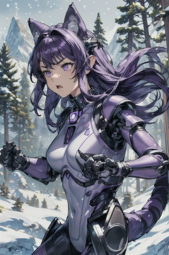 (Masterpiece), (best quality), (expressive eyes), (perfect face), (8k), (extreme detail), (illustration), (absurdres), (highres), (ultra detailed), (perfect face), 1girl, (cyborg), purple eyes, purple hair, medium hair, ((long sidelocks)), ((((mechanical ears)))), wolf ears, ((((mechanical tail)))), wolf motif, (((purple bodysuit))), (((exoskeleton))), ((infiltrators will be punished)), (((upper body angle))), ((((surprised)))), (((pine trees in background))), ((((snowy mountain)))), ((((upper body angle)))), ((dutch angle)), ((((action scene)))), (((action pose))), ((fighting stance)), ((((fighting stance)))), ((((fight)))), (((incoming attack))), ((blood on face))