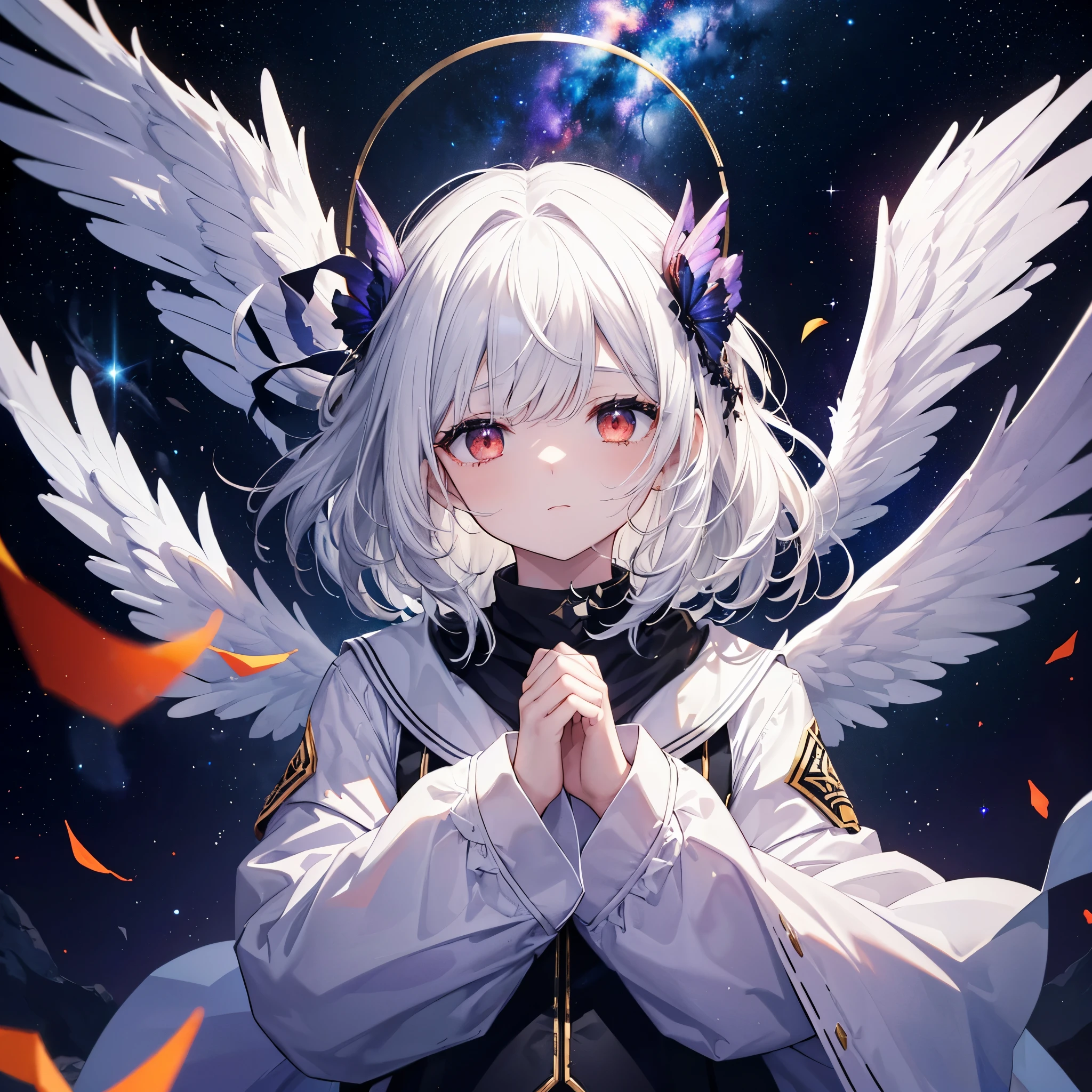 (((((Archangel、Place your hand on your chest、Face it、Close-up　Galaxy Background、Shine　tears、Reflection of light)))))　((((Pitch black ring　Fantasy　Long Hair、Black and white、Swaying in the Wind　Dull red eyes　Show your side　Wings bigger than me、Covering the body))))　(((Lonely、despair　shout)))　((gloves))　(Distorted Space-Time　Big full moon)　Shine背景　Particles of light, Shineエッジ