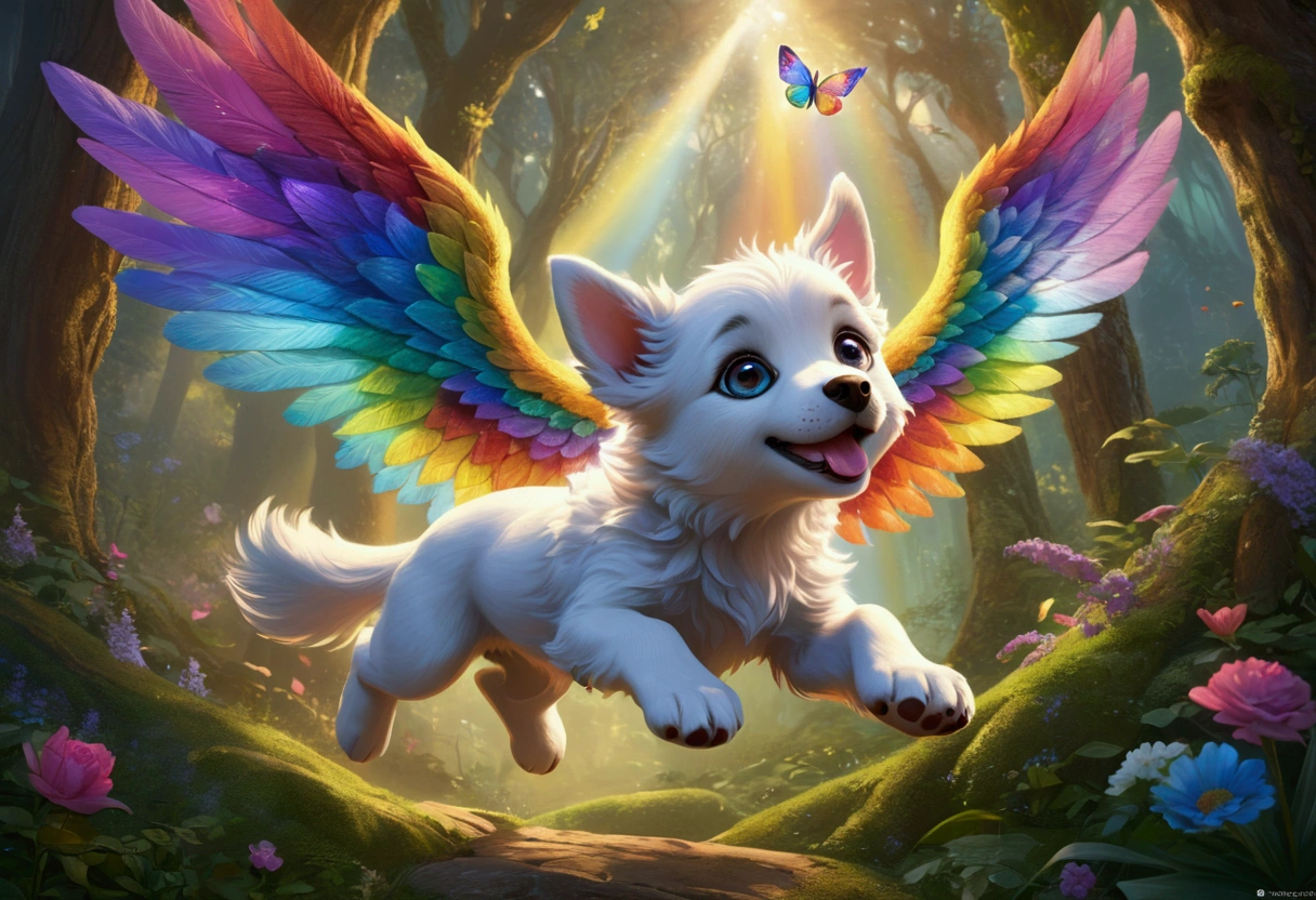 (Ultra detailed), a breathtaking and intricately crafted full-size portrait of a stunning female anthro flying puppy, punctuated by her vibrant fur and captivating eyes. The puppy's wings are a magnificent display of fine detail, each feather individually rendered and shimmering under the soft light. The setting is a serene and dreamlike scene, with the puppy soaring above a picturesque meadow, dappled with sunlight filtering through dainty flowers and leaves. The puppy's body is lean and athletic, with a playful and cheerful expression on her face. The portrait is rendered in a style that evokes a sense of whimsy