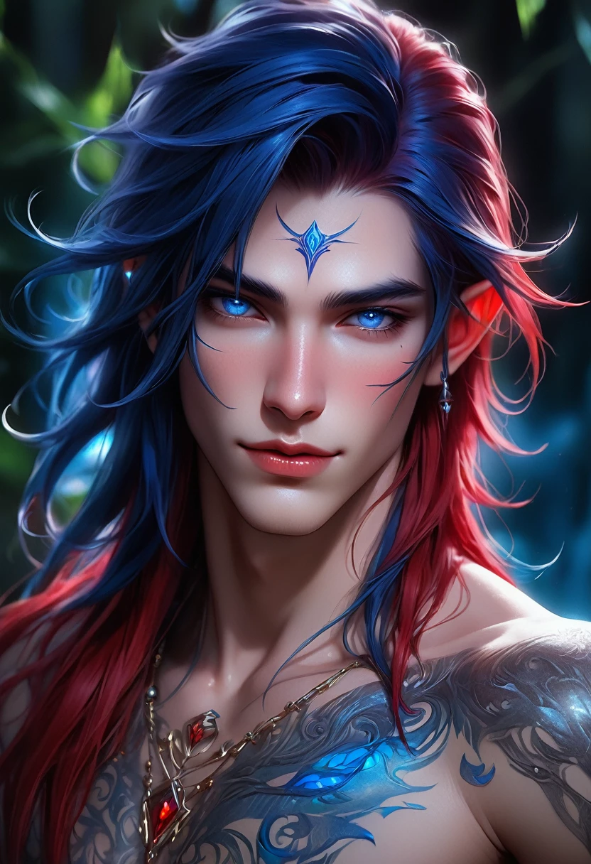 full ariel view of a ethereal demonic 25 year old anime guy male druid, with metallic foil print blood red/royalblue long hair, moist wet glistening lips, delicate masterpieceintimate delicate etched glowing rune tattoos, winking, beautiful gorgeous elf ((male)) kissyface, perfect face, blue/black pastel eyes, long red/royalblue wisp hair, freckles, piercings, foil print neonbody art, laboratory experiment, perfect anatomy, centered, almost perfect, dynamic, very detailed, glowing, artstation, concept art, soft and sharp focus, art by Carne Griffiths and Wadim Kashin, high-definition accent lighting, epic, elven atmosphere, contrasted with vibrant paint colors., futuristic cyborg in the year 2950,