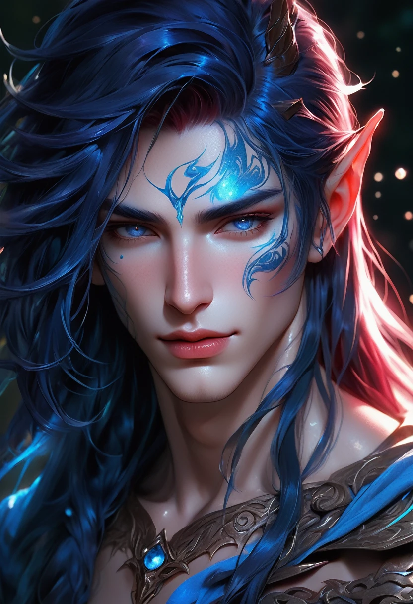 full ariel view of a ethereal demonic 25 year old anime guy male druid, with metallic foil print blood red/royalblue long hair, moist wet glistening lips, delicate masterpieceintimate delicate etched glowing rune tattoos, winking, beautiful gorgeous elf ((male)) kissyface, perfect face, blue/black pastel eyes, long red/royalblue wisp hair, freckles, piercings, foil print neonbody art, laboratory experiment, perfect anatomy, centered, almost perfect, dynamic, very detailed, glowing, artstation, concept art, soft and sharp focus, art by Carne Griffiths and Wadim Kashin, high-definition accent lighting, epic, elven atmosphere, contrasted with vibrant paint colors., futuristic cyborg in the year 2950,