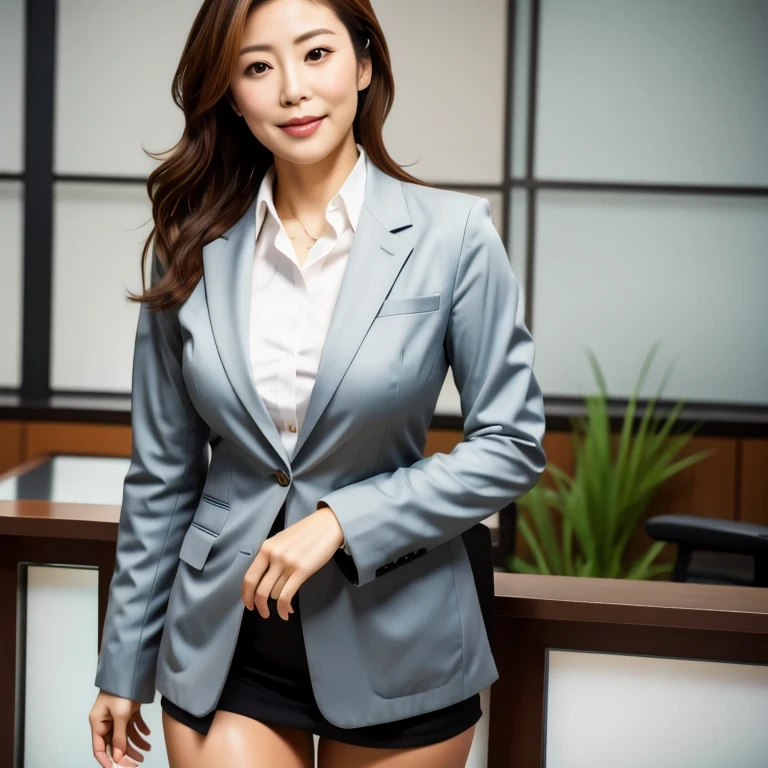 High-quality 4K, One full-body woman, Full body image, Well-proportioned face, Beauty, A Japanese woman is standing in a gray office suit, a gray miniskirt and high heels, Well-formed fingers, Anatomically correct fingers, Her slim thighs look beautiful, The entire leg is visible, A miniskirt that is 30cm above the knee reveals her thighs, 