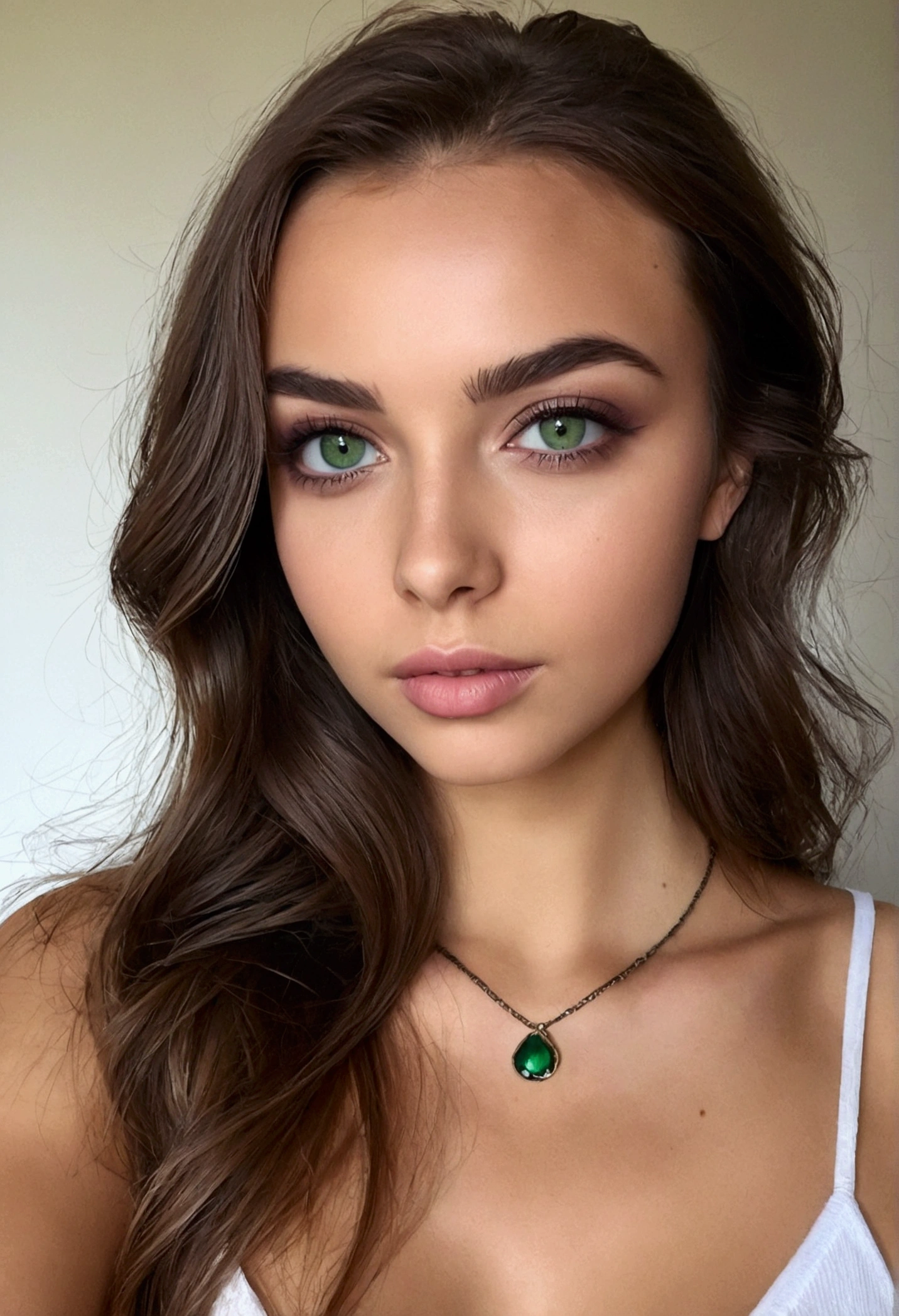 Arafed Femme portant un débardeur blanc et un collier, Fille sexy aux yeux verts, peau bronzée, Portrait Sophie Mudd, cheveux bruns et grands yeux, selfie d'une jeune femme, yeux de la chambre, Violette Myers, sans maquillage, Maquillage naturel, regardant directement la caméra, Cara avec Artgram, maquillage subtil, Impresionante foto de corps entier, yeux verts perçants, bel angle, pose attrayante, Mignon , pose sexy, Image du corps entier, corps entier, séance photo sur tout le corps, déesse brune, Détail élevé, Pose satisfaite, pantalon en cuir
