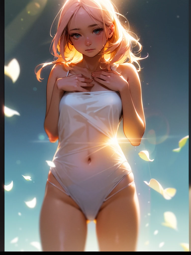 (Sumilux f1.4 50mm , low Latitude old color negative film , cross process , bokeh, flare, chromatic aberration , soft focus, (Shallow focus) , soft glow , Maximum aperture, High Key , Transparent depiction) , A girl with a rose blooming between her crotch , closeup crotch