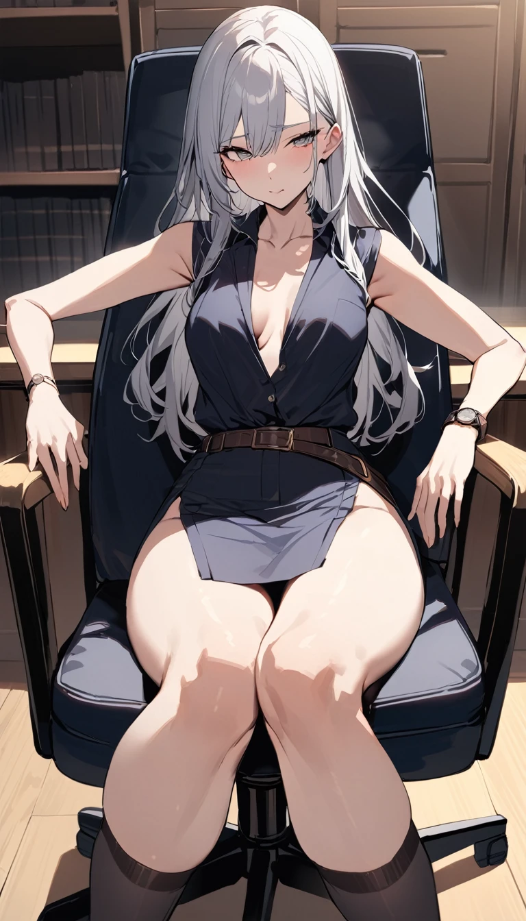 ((Highest quality)), ((masterpiece)), (detailed) Cowboy Shot, 黒髪Long Hair {{Small breasts}}{{{slitの入ったロングスカート}}} Contemporary mature adult woman sitting in chair officeカジュアル{{{スレンダーなofficeレディ}}Exposing shoulders 深いslitの入った膝下スカート Long Hair {{{No sleeve}}}office {{{No sleeveボタンシャツ}}} belt slit watch Exposed arms Focus on the feet pumps Knee-high socks