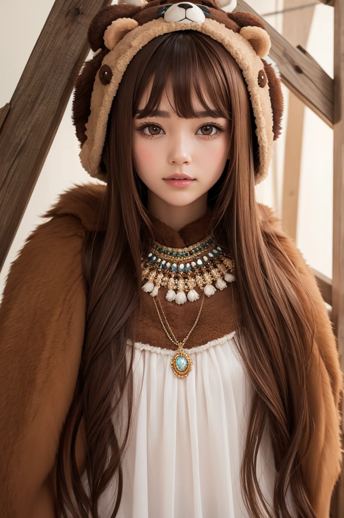 Perosgem with brown hair with bear headdress