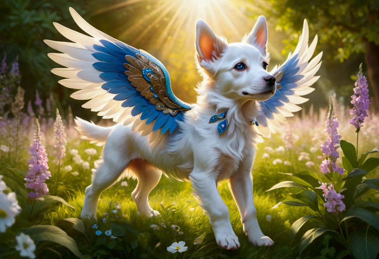 (Ultra detailed), a breathtaking and intricately crafted full-size portrait of a stunning female anthro flying puppy, punctuated by her vibrant fur and captivating eyes. The puppy's wings are a magnificent display of fine detail, each feather individually rendered and shimmering under the soft light. The setting is a serene and dreamlike scene, with the puppy soaring above a picturesque meadow, dappled with sunlight filtering through dainty flowers and leaves. The puppy's body is lean and athletic, with a playful and cheerful expression on her face. The portrait is rendered in a style that evokes a sense of whimsy