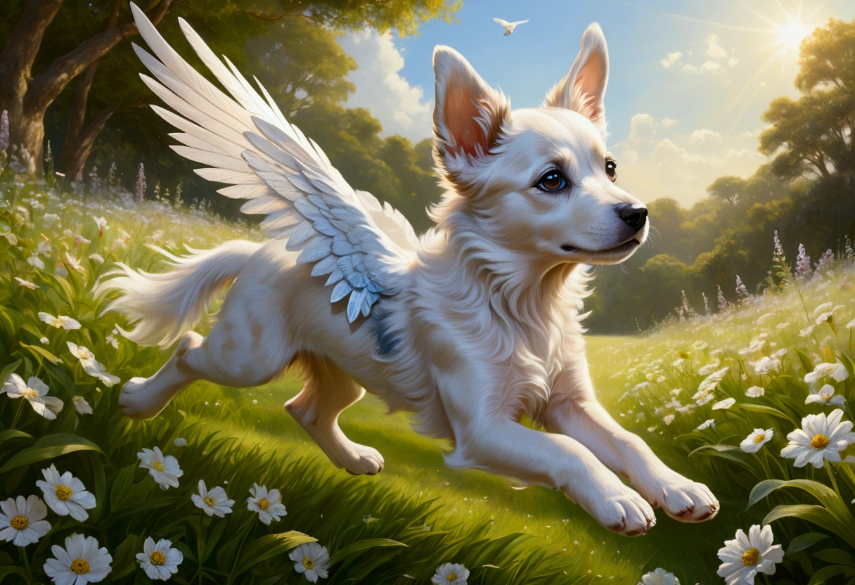 (Ultra detailed), a breathtaking and intricately crafted full-size portrait of a stunning female anthro flying puppy, punctuated by her vibrant fur and captivating eyes. The puppy's wings are a magnificent display of fine detail, each feather individually rendered and shimmering under the soft light. The setting is a serene and dreamlike scene, with the puppy soaring above a picturesque meadow, dappled with sunlight filtering through dainty flowers and leaves. The puppy's body is lean and athletic, with a playful and cheerful expression on her face. The portrait is rendered in a style that evokes a sense of whimsy
