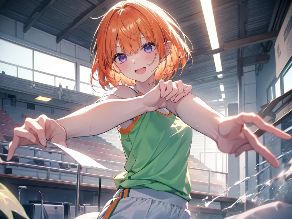 Both arms extend off-screen, Elf Ears, Training Gym, Highest quality, Best image quality,Perfect Anatomy,masterpiece,Ultra-detailed,beautiful,super high quality, Highest quality,High resolution, Very detailed,Game CG,Dutch Angle ,beautiful細部までこだわった目,Visual Arts,Five Fingers, Perfect hands,Hide your hands, {{{One Girl}}}, beautiful詳細な女の子, Game CG, One curl on the outside, Short Bob Hair, Pastel orange hair, Purple eyes, breast enhancement, Medium Shoot, woman, Take-out, Laughter, huge , Pastel green training wear, sportswear, {{{{{Wearing a pastel green tank top}}}}},Open your mouth, wonderful, beautiful細部までこだわった目, Highest quality, Very delicate,Masseter muscle area,Highest quality,(Official Art、Highest quality、Unity 8k wallpaper、32K、masterpiece、Ultra-detailed、超High resolution、Realistic、Photorealistic:1.2)、(Cinema Lighting:1.2)、Fire Glow Effect、The most grainy shadows on the film、Side light、Side Shot、(Ultra-detailedで複雑な3Dレンダリング)、Atelier Series,training, Sweat, Hot body, steam, athletic field