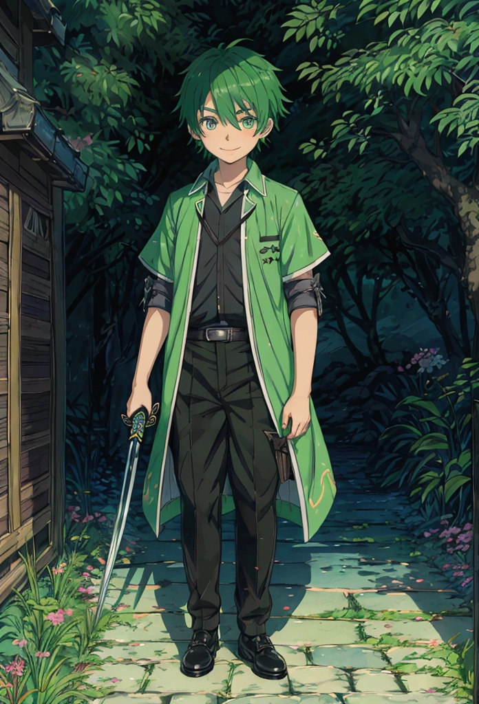 Anime Styled Little Boy: With a radiant smile gracing his face, this 4k, masterpiece-quality anime character is a green-haired, boyish charm. A lone strand of hair frames his left eye, his azure eyes shining with excitement. Dressed in his Monster Hunter armor, he proudly wields a large Nargacuga sword in one hand and holds a shield in the other. Immersed in the lush, forested backdrop. (de anime, 4k de calidad), personaje niño de cabello corto verde, ojos azules, sonrisa radiante, equipado con el traje nargakua.
