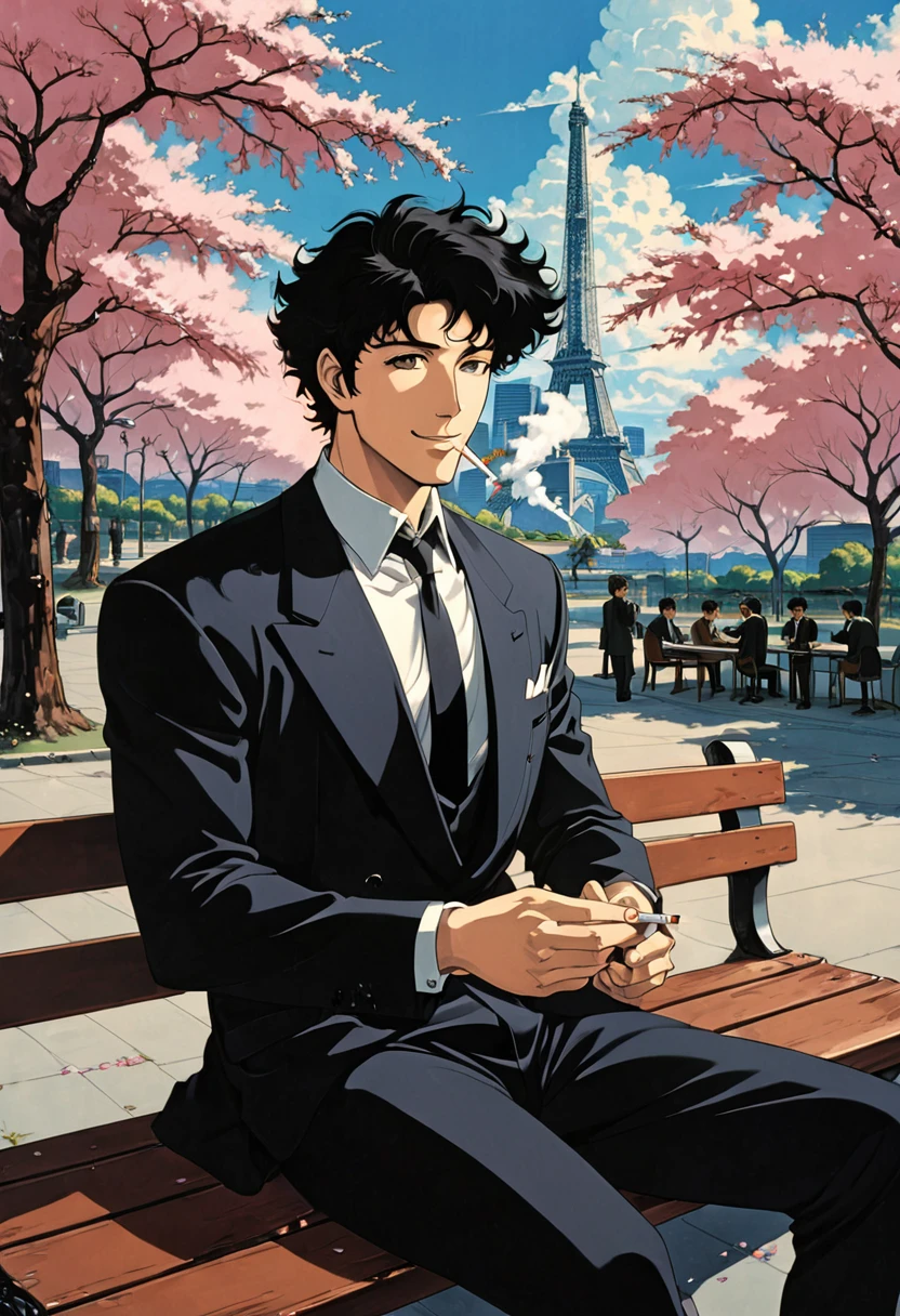 Cherry blossom park,A man sitting on a bench, Black Suit,A loose black tie,Black eyes, smile, Black Hair, Stubble on chin,Smoking a cigarette,1990s style, (masterpiece, Highest quality, Professional, Perfect composition, so beautiful, Absurd, Very detailed, Intricate details:1.3),cowboybebop,Spike Spiegel