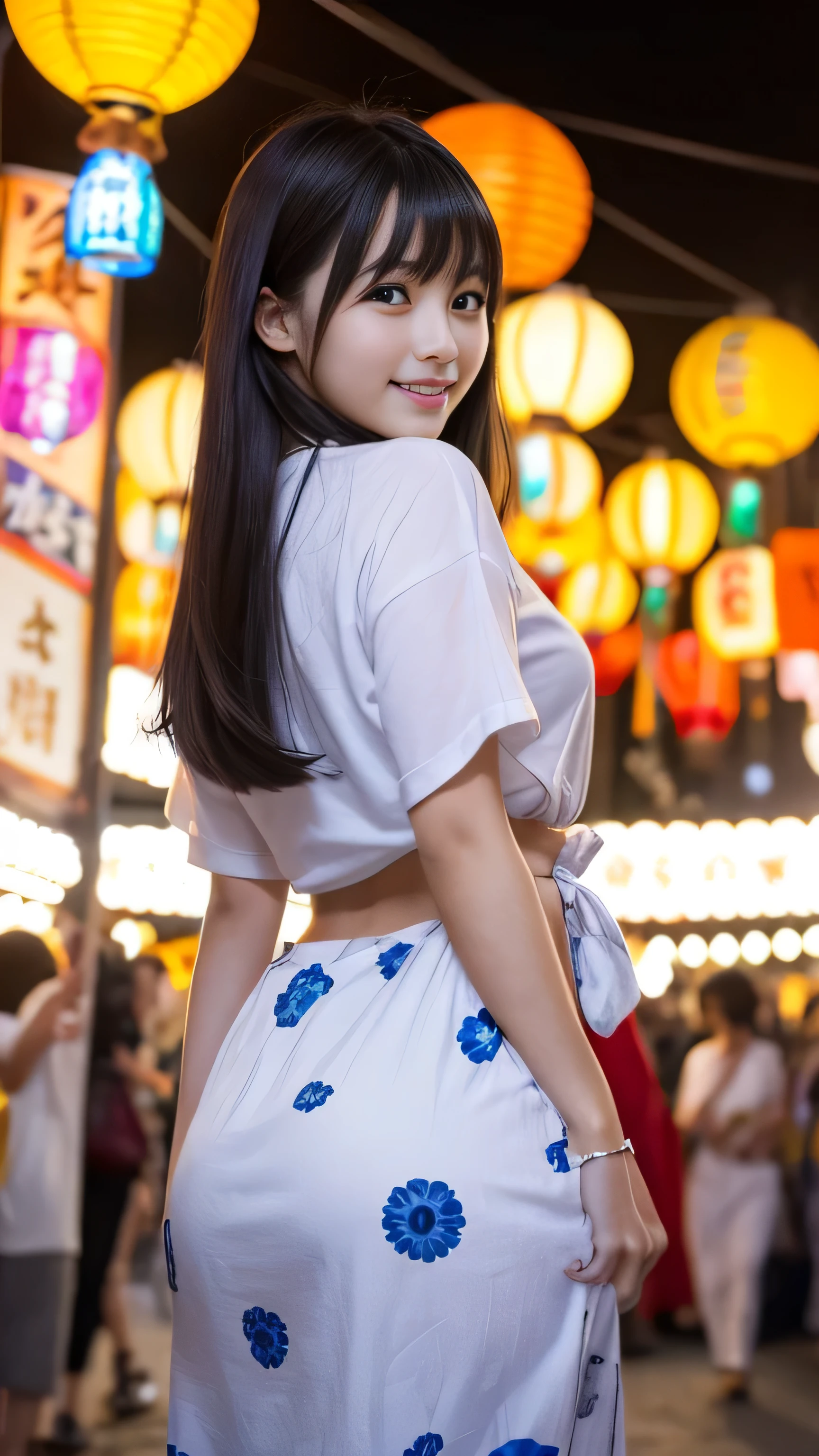 (Best-quality, Masterpiece, Ultra-High-Resolution, (Photorealistic:1.4), Raw Photo, depth of field, professional lighting, perfect anatomy, extremely details), 1girl, 15-years-old, the most famous Japanese idol, looking at viewer, innocent smile, ((having fun at Japanese traditional festival, wearing long-dress, (upturned ass))), cowboy shot, dynamic pose, (extremely cute face like the most popular Japanese idol, ((extremely cute and extremely big eyes)), extremely realistic hair, extremely beautiful and extremely realistic skins), extremely cute long-eyelashes, extremely cute lips