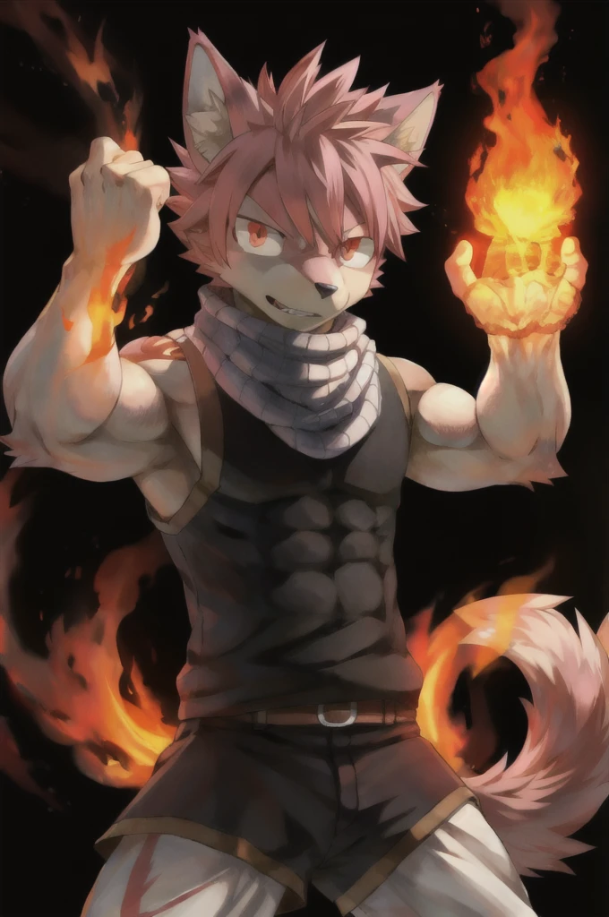 masterpiece, best quality, 1boy, natsu dragneel, scarf, sleeveless, black eyes, fire, arm up, pink hair, ears wolf, tail, red eyes, perfect hands