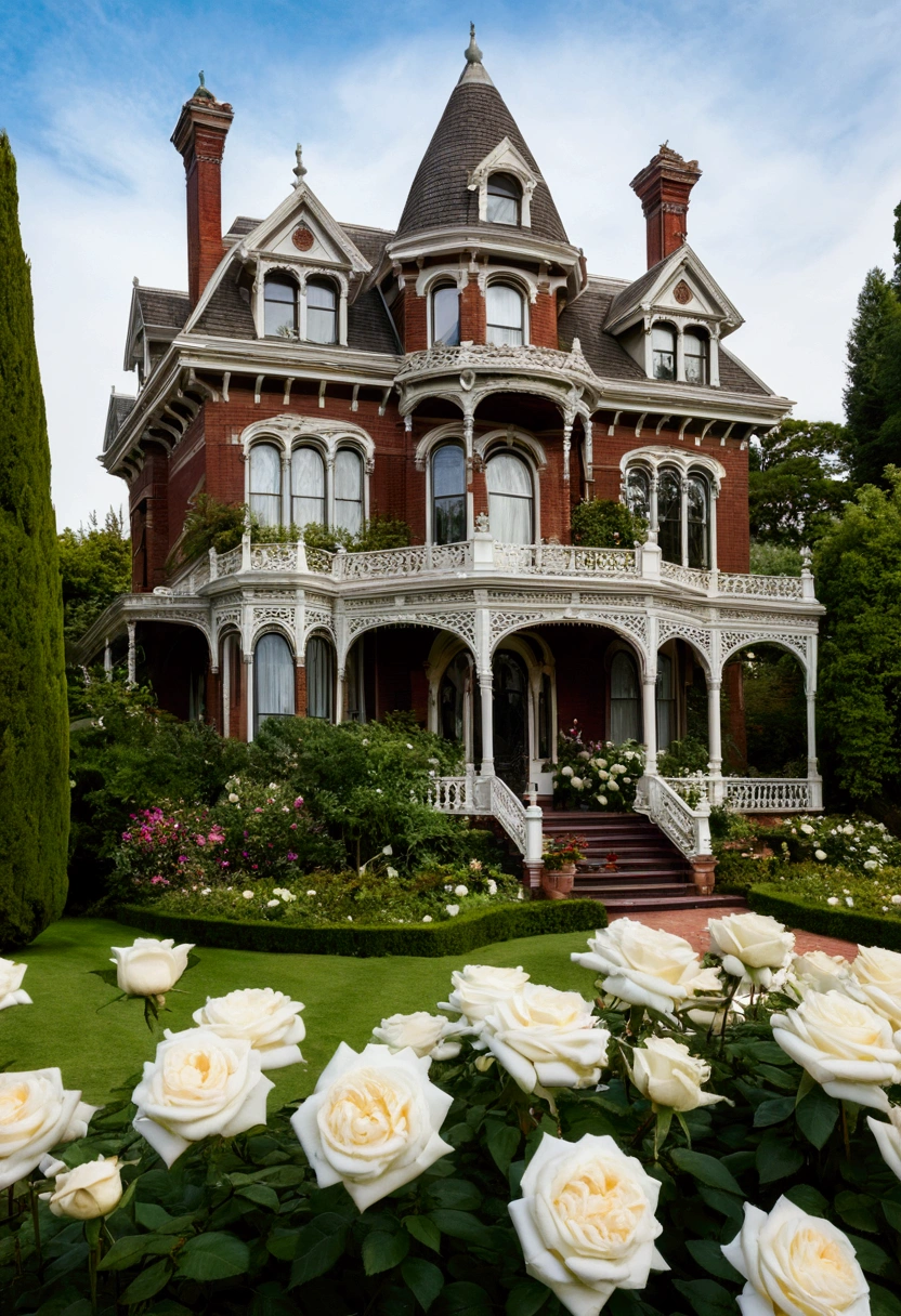 Victorian mansion surrounded by a beautiful garden full of white roses