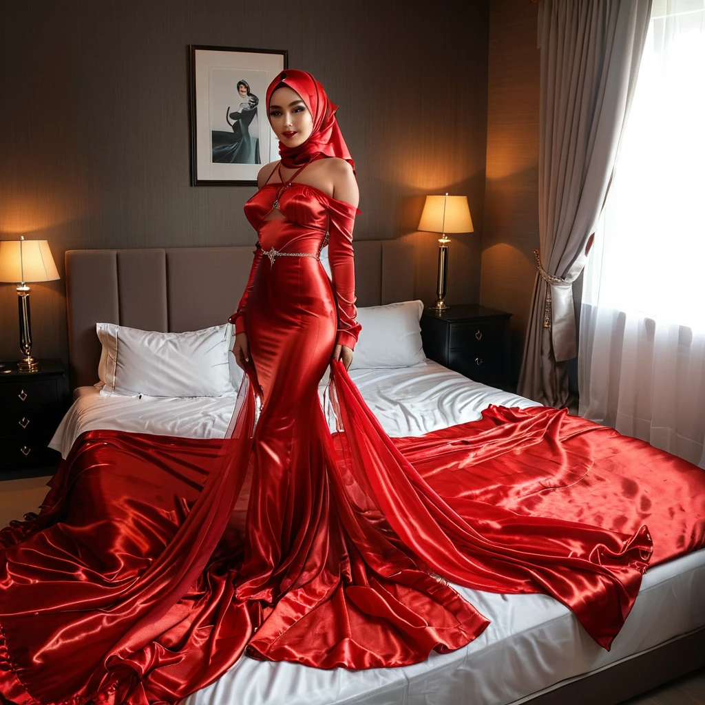 a woman in the translucent silk red gown, tight full body tied, satin sheet, nipple on with nipple piercing, wear modern hijab, full body, long satin,mermaid tight long gown, flowy dramatic long gown, tall women, satin bed, strugle to walk, wear high heels, , masterpice 