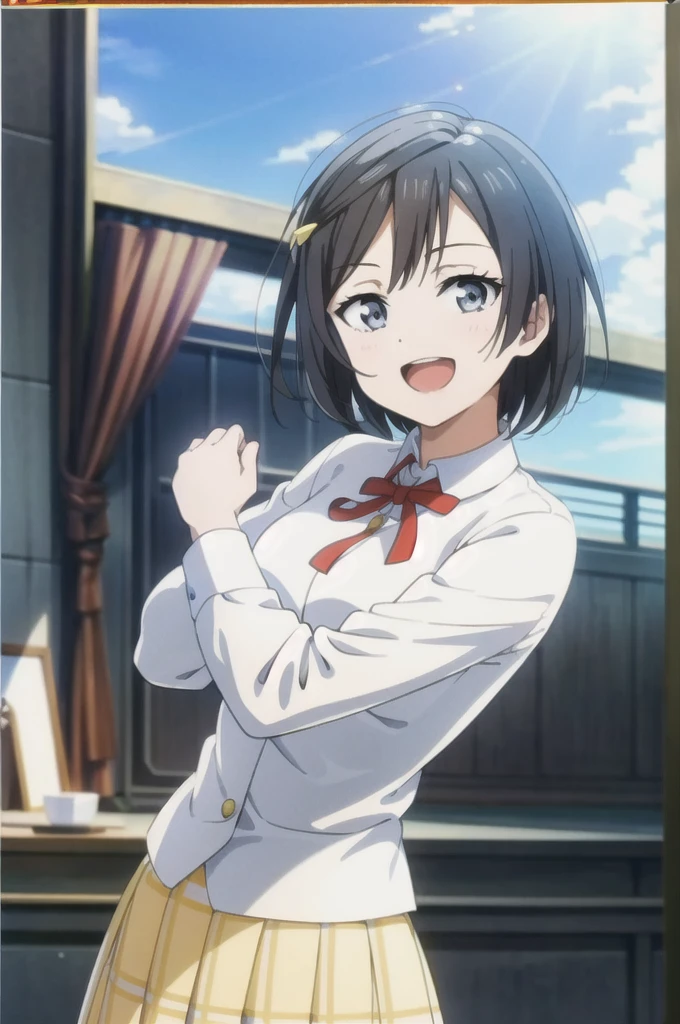 (Highest quality, masterpiece:1.2), One Girl, alone, anime, anime screencap, Ray Tracing, Global Illumination, ultra hi resolution picture, Bright colors, Cinematic Light, Lens flare, Light on the face, Glowing Eyes, Written boundary depth, Happy, Detailed Background, cute, straight, smile, View your audience, Outdoor, null, cloud,
Yuki Setuna, Upper Body,short hair,Smell
