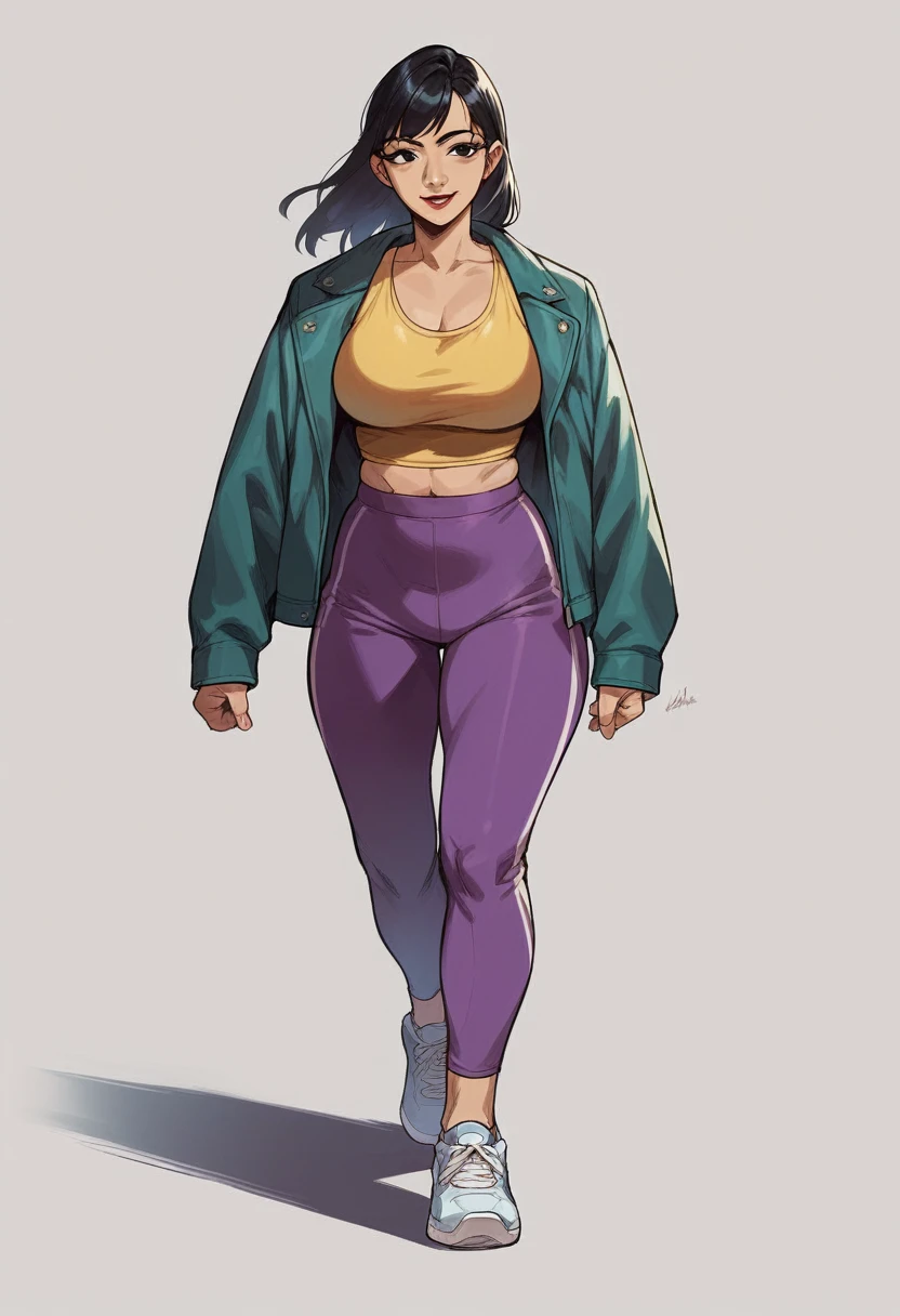 Score_9, Score_8_up, Score_7_up, 1 girl, black hair, black eyes, curvy figure, smile, red lips, big bust, jacket, yellow tank top, violet yoga pants, sneakers, walking, simple background, white background,