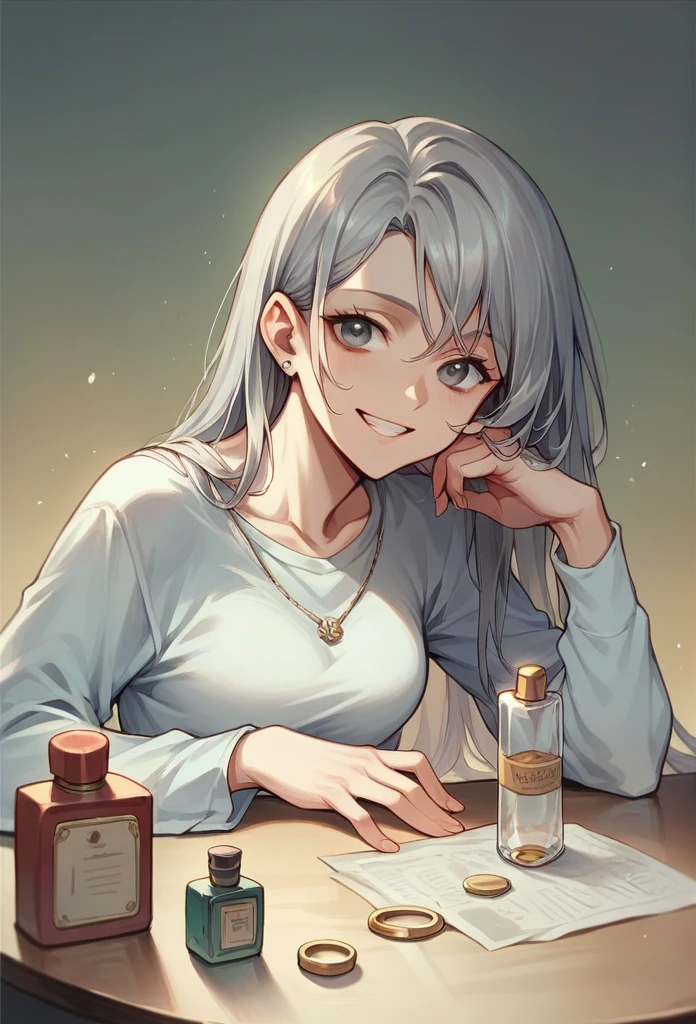 Masterpiece, Highest quality, Table size miniature, A Russian girl in her early 20s with ash grey hair, smiling, In a perfume bottle, The face is precise(((must)))