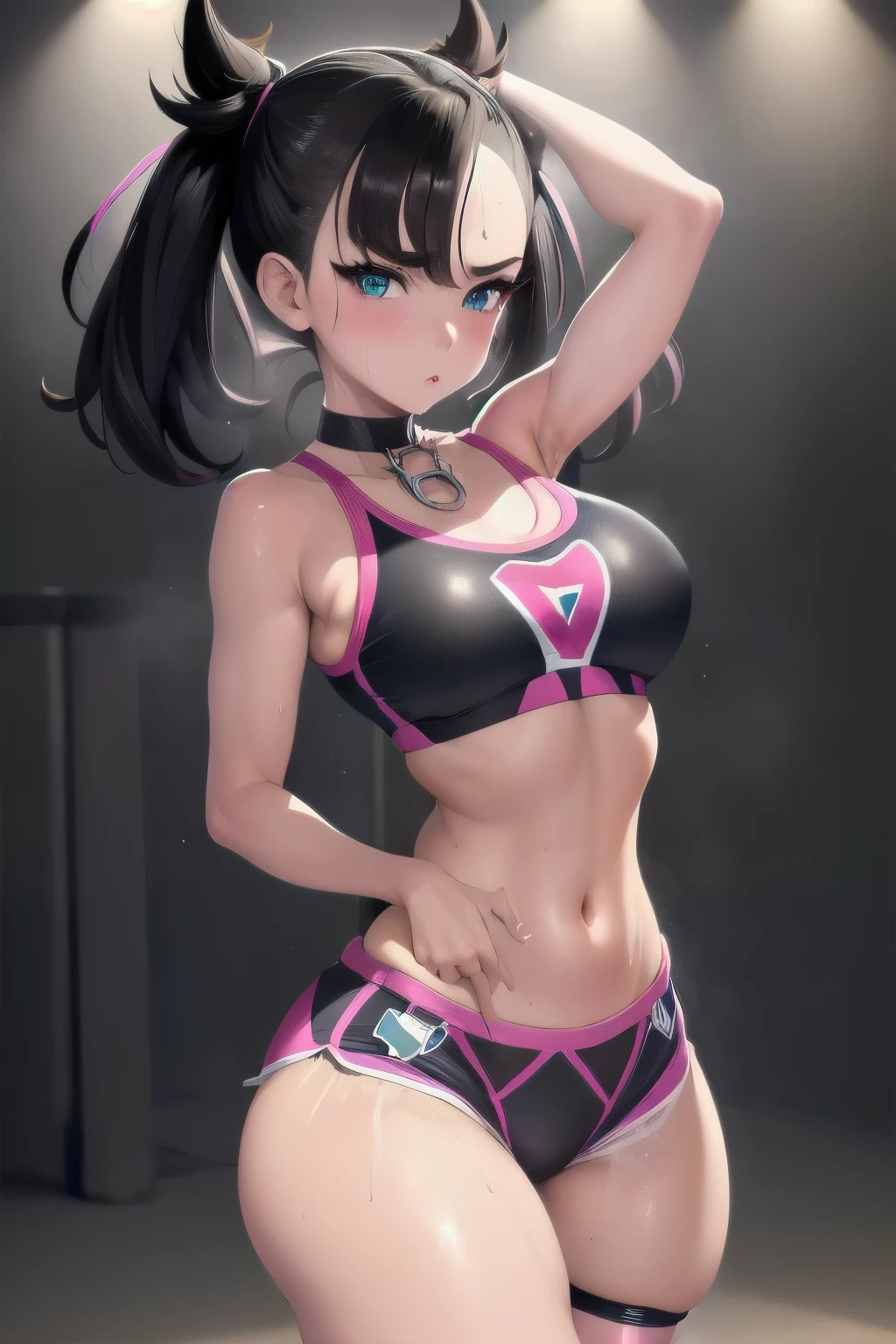 masterpiece, best quality, highres, hmmarnie, sparkling aqua eyes, choker, hair ribbon, model like looks, idol grace, sports bra, tight shorts, trunks, cowboy shot, standing, gazing at viewer, sweaty, sweat drip, gym setting, gymnasium, blush, huge breasts, gymnastics