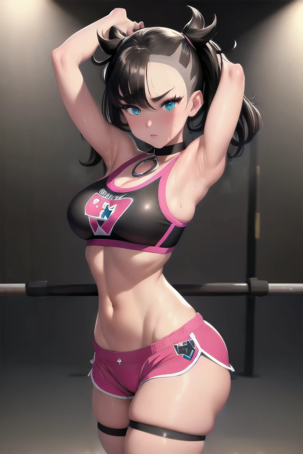 masterpiece, best quality, highres, hmmarnie, sparkling aqua eyes, choker, hair ribbon, model like looks, idol grace, sports bra, tight shorts, trunks, cowboy shot, standing, gazing at viewer, sweaty, sweat drip, gym setting, gymnasium, blush, huge breasts, gymnastics