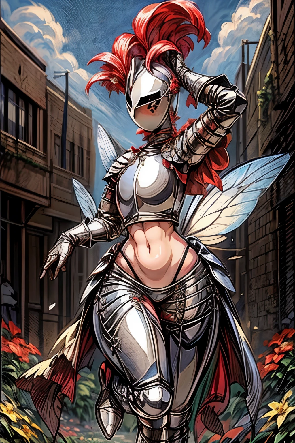 masterpiece, best quality, butterfly wings, (full body, full armor), kardiaofrhodes, helmet, plume, gauntlets, thighhighs, navel, breastplate, thighhighs, wide hips, (queen of fairy, with ornaments and flowers on top, flowers background:1.2)