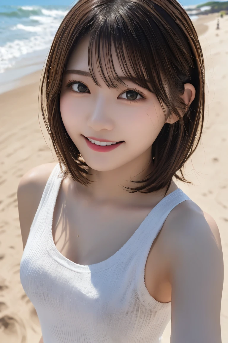8k、Highest quality、（beautiful）、Precision Eyes、Fine skin、smile、Caramel Blonde Hair、Upper Body、Ｔshirt、Soft Breasts、Beach、Semi-short hair、Wet Hair、Selfie、Shoot from above
