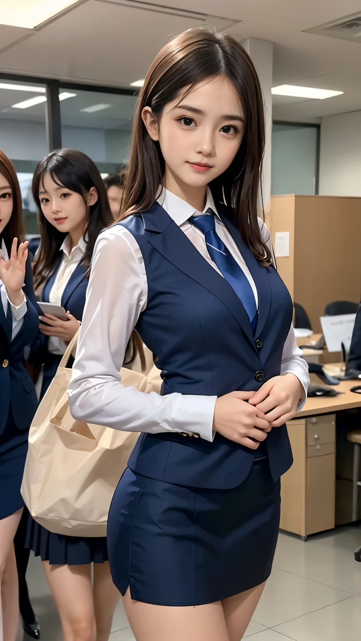 (((A beautiful girl commuting to work in a neat navy blue suit skirt:1.3))), (8k, RAW Photos, Highest quality, masterpiece:1.2), ((Beautiful girl alone)), Looking at the audience, Viewed from the front, Beautiful white skin, knees, Absurd face is small, Part your bangs down the middle, The forehead is visible, Glare, ((Cute mischievous face:1.3)), Ultra-high resolution, cute, (Slender body line), (Outstanding proportions), ((Office lady suit:1.4, Fancy tie:1.3)), high school girl, (Idolフェイス, Baby Face:1.65), Japanese women, Are standing, (Photorealistic:1.37), Photon Mapping, Realistic, cute顔が小さい, Brown eyes, prospect, Written boundary depth, Blurred Background, (I can see the bangs), Silky smooth hair, (Firm stomach:1.3), (Beautiful and slim thighs:1.4), (Small beautiful butt:1.2), (Curved waist), thigh, Nogizaka idol, Idol, (Detailed hands:1.3, Accurate hands:1.3, Beautiful little hands of a girl:1.3), (Firm and beautiful breasts:1.3), Super quality, Low people, (Clear white skin, Skin with visible pores:1.2), (Focus on the face), Check and correct the garment construction, (Perfect Anatomy:1.3), (Detailed eyes and face:1.3, Professional photography techniques), (Adorable poses:1.2)