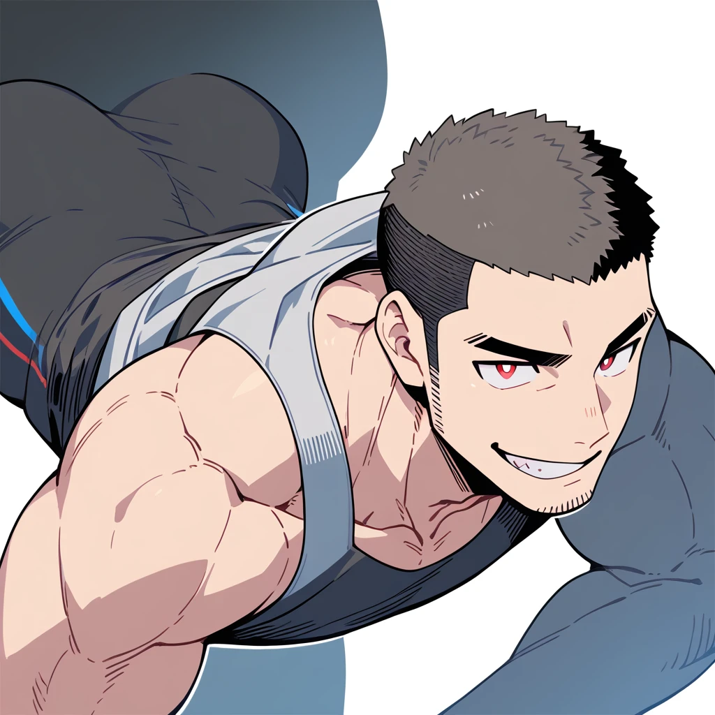 anime characters：Priapus, Muscle Sports Student, Buzz Cut, Manliness, male focus, Sports tight hooded sweatshirt, Wear a high-necked tights underneath, Very tight, full and perky chest muscles, muscular male, muscular, only, Upper body, alone, Red short hair, Thick eyebrows, stubble, Brown-red pupils, White background, simple background, amazing quality, best aesthetics, Ridiculous, crew cut, smirk, bright pupils, grin, negative space, negative space, best quality