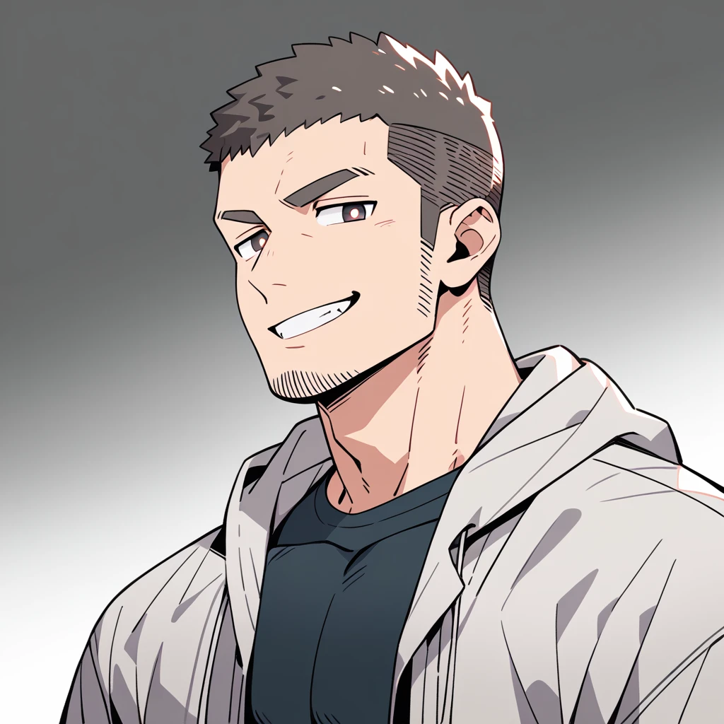 anime characters：Priapus, Muscle Sports Student, Buzz Cut, Manliness, male focus, Sports tight hooded sweatshirt, Wear a high-necked tights underneath, Very tight, full and perky chest muscles, muscular male, muscular, only, Upper body, alone, Red short hair, Thick eyebrows, stubble, Brown-red pupils, White background, simple background, amazing quality, best aesthetics, Ridiculous, crew cut, smirk, bright pupils, grin, negative space, negative space, best quality