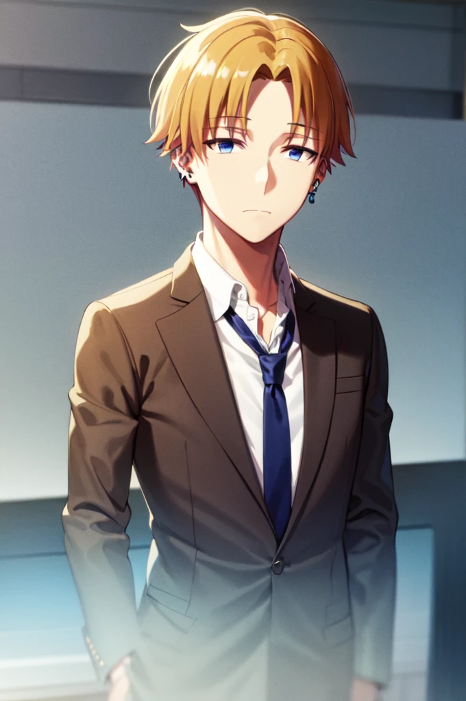 Masterpiece, best quality, 1boy, upper body, necktie, (black ear piercing), closed mouth, simple backround, blonde hair, expressionless, short hair, from above